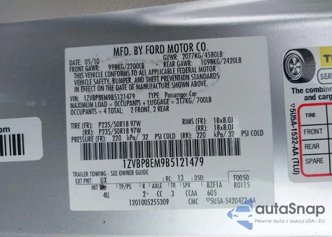 2011 Ford Mustang V6 Premium z USA, uszkodzony, nr VIN 1ZVBP8EM9B5121479